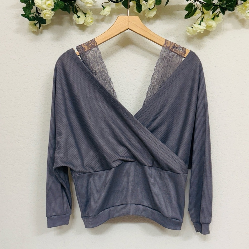 Cellabie • Slate Gray Layered Lace Strap Accented Faux Wrap Rib Knit Blouse